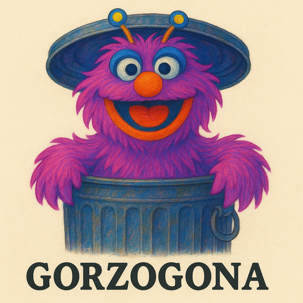 GORZOGONA - A purple furry creature in a blue trash can